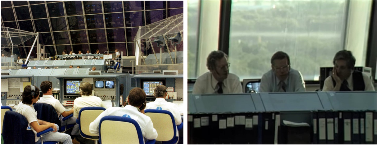 Left: View inside Firing Room 1 of NASA’s Kennedy Space Center’s Launch Control Center during the STS-1 countdown. Right: Launch Director George F. Page reads a statement from President Ronald W. Reagan to the STS-1 crew shortly before launch as Kennedy Director Richard G. “Dick” Smith, left, and Robert Reed, orbiter project engineer, listen. Credits: NASA