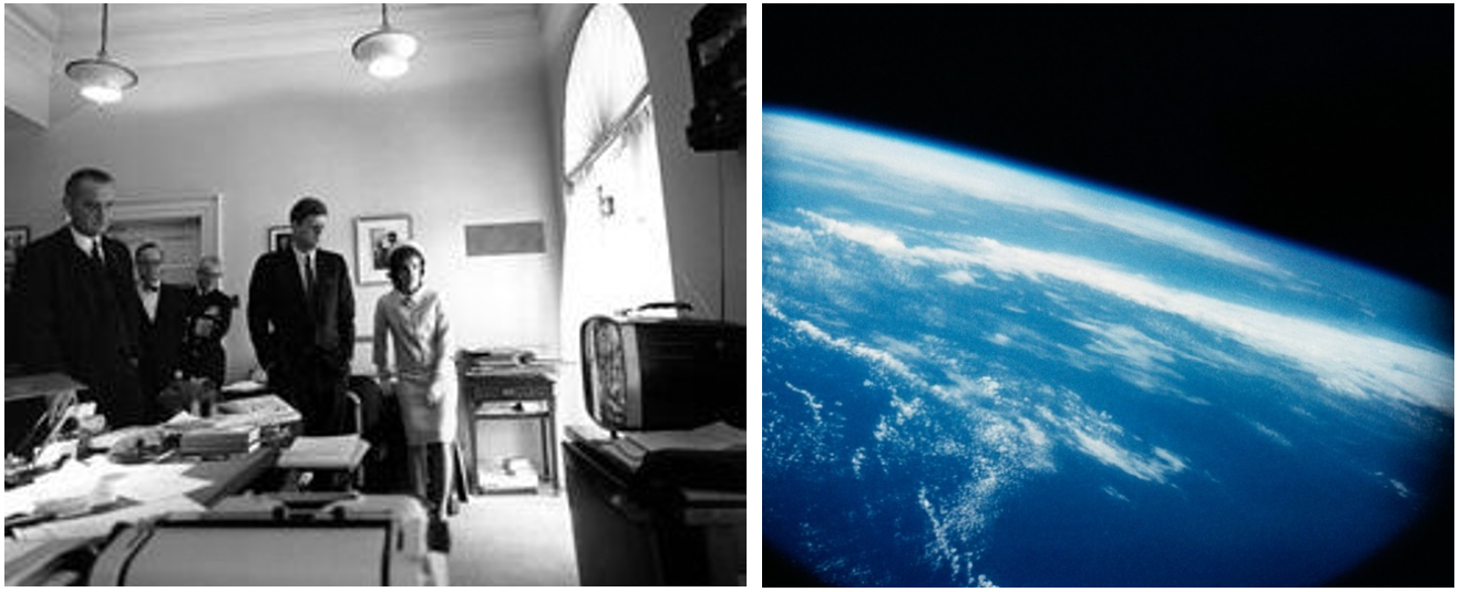 Left: In the White House, President John F. Kennedy, center, anxiously watches the launch of Alan B. Shepard as Vice President Lyndon B. Johnson, left, and First Lady Jacqueline Kennedy, look on. Right: View of the Atlantic Ocean taken during the flight of Freedom 7. Credits: NASA