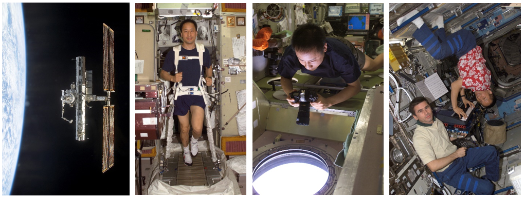 Far left: The International Space Station as it appeared in 2003. Second from left: NASA astronaut Edward T. Lu runs on the treadmill he helped to install during STS-106. Second from right: Lu taking Earth photographs from the Zvezda module. Far right: Lu playing the keyboard while wearing one of his signature Aloha shirts. Credits: NASA