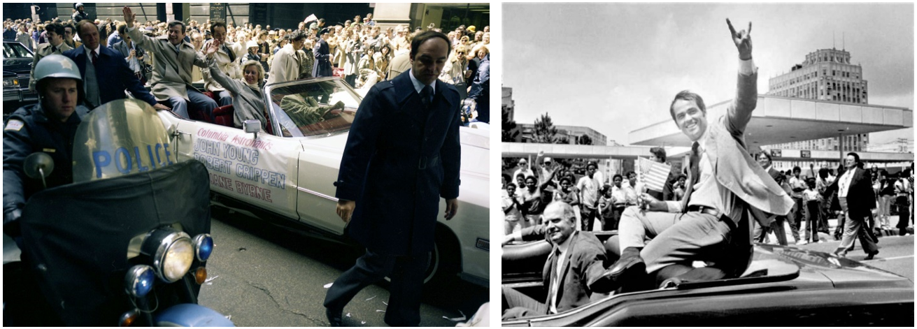 Left: In Chicago, STS-1 astronauts John W. Young, left, and Robert L. Crippen ride in a motorcade with Mayor Jane M. Byrne. Credits: Image courtesy of the Chicago Police Department. Right: Crippen rides in a motorcade in his hometown of Beaumont, Texas, with Mayor Maurice “Maury” Meyers. Credits: Image courtesy of the Beaumont Enterprise.