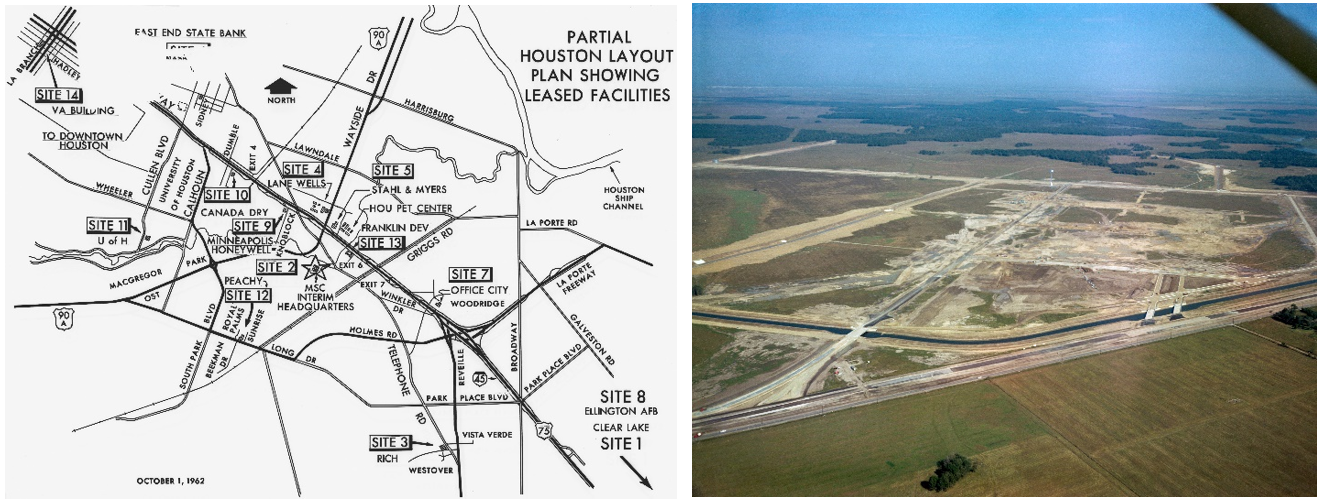 Left: Map of Houston showing the temporary locations of NASA’s Manned Spacecraft Center while the main center site, Site 1, was under construction. Right: The Site 1 of the MSC, now NASA’s Johnson Space Center, under construction in October 1962. Credits: NASA