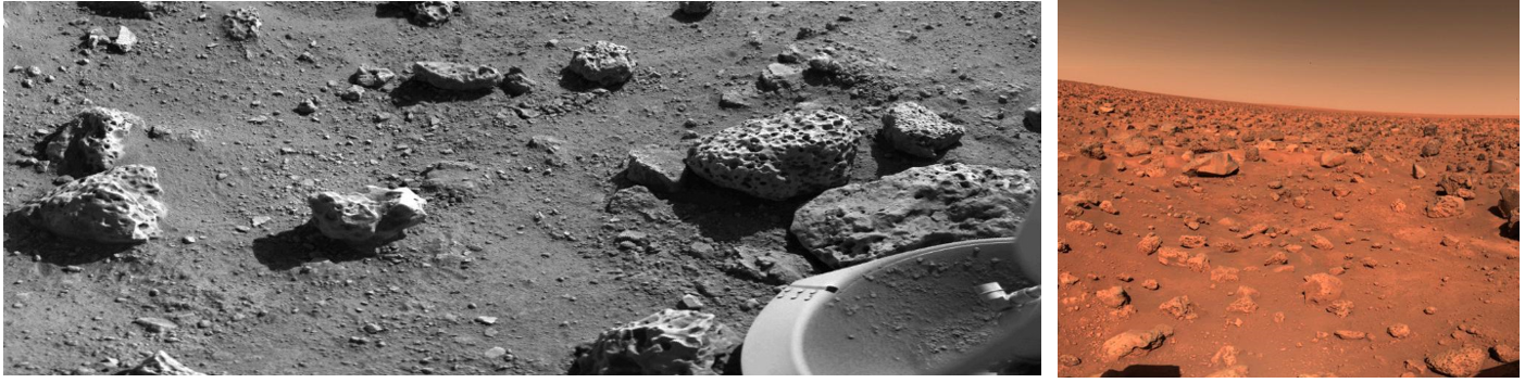 Left: The first photograph returned from the surface of Mars by the Viking 2 lander, including one of its footpads. Right: The first color photograph returned by the Viking 2 lander. Credits: NASA