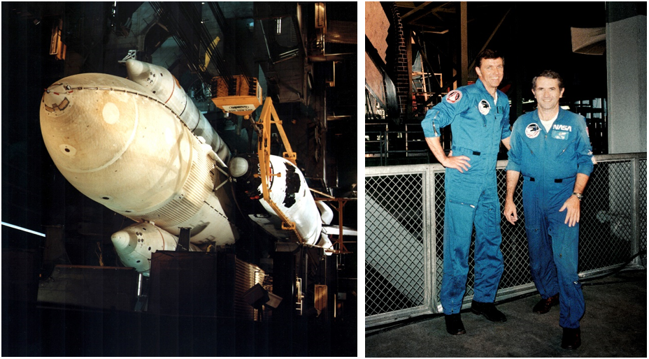 Left: Inside the VAB at Kennedy, workers mate Columbia to its ET and SRBs. Right: STS-2 astronauts Joe H. Engle, left, and Richard H. Truly inside the VAB, preparing to participate in the Shuttle Interface Tests. Credits: NASA