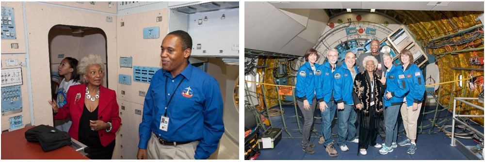 Left: Nichelle Nichols, middle, with NASA astronaut B. Alvin Drew in the space station trainer at NASA’s Johnson Space Center in Houston in 2010. Right: In 2015, Nichols, middle, inside the Stratospheric Observatory for Infrared Astronomy aircraft at NASA’s Armstrong Flight Research Center in California. Credits: NASA