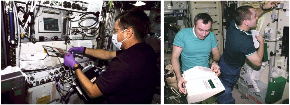 Left: Expedition 3 Commander Frank L. Culbertson performs a tissue-culture experiment in the Destiny U.S. Laboratory Module. Right: Expedition 3 cosmonauts Vladimir N. Dezhurov, left, and Mikhail V. Tyurin of Roscomos preparing to analyze blood samples for a medical experiment in the Zvezda Service Module. Credits: NASA