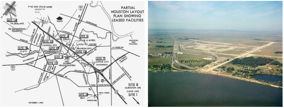 Left: Map of Houston showing the temporary locations of NASA’s Manned Spacecraft Center while the main center, Site 1, was under construction. Right: Site 1 of the Manned Spacecraft Center, now NASA’s Johnson Space Center, during early construction in 1962. Credits: NASA