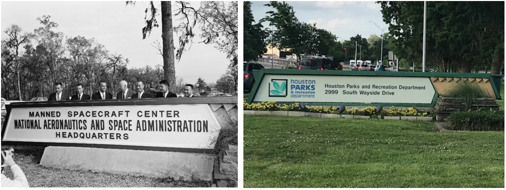 Left: The sign in front of the Farnsworth & Chambers Building, with Manned Spacecraft Center Director Robert R. Gilruth (fourth from left) and six of the seven Mercury astronauts in 1962. Right: The same sign today bearing the name of the Houston Parks and Recreation Department.