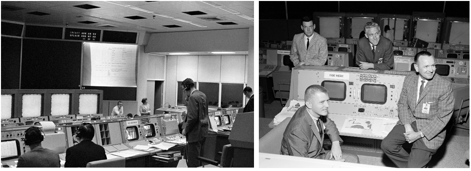 Left: During Gemini 3, the first crewed Gemini mission on March 23, 1965, the Mission Operations Control Room (MOCR) served in a backup capacity to the primary control center in Cape Kennedy, Florida. Right: Flight Directors Eugene F. “Gene” Kranz, Glynn S. Lunney, and John D. Hodge, with the original flight director, Christopher C. Kraft, in the MOCR in February 1965. Credits: NASA