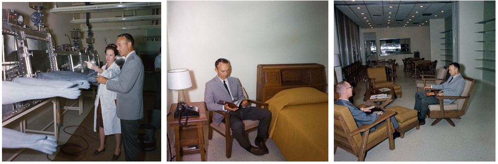 Left: During a September 1967 tour of the LRL, astronaut Michael Collins receives a demonstration of the lab’s gloveboxes. Middle: Collins sits in one of the bedrooms of the LRL’s Crew Reception Area, or CRA. Right: Collins, right, seated in the CRA’s lounge and dining area. Credits: NASA