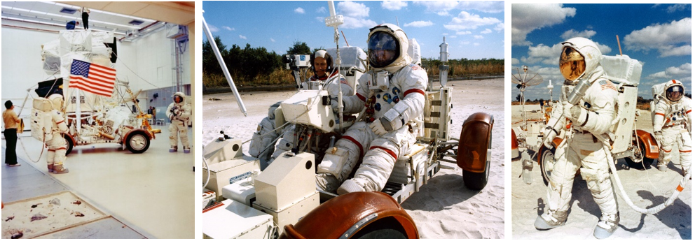 Left: Apollo 16 astronauts John W. Young, left, and Charles M. Duke train for their lunar surface spacewalk, including deploying the American flag, at Kennedy. Middle: Duke, left, and Young practice driving the LRV on Kennedy’s simulated lunar surface. Right: Duke, left, and Young practice deploying the scientific instruments. Credits: NASA