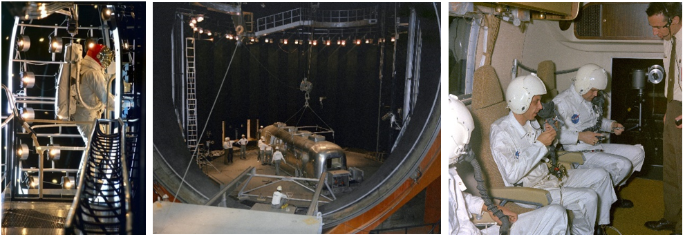 Left: Apollo 9 astronaut Russell L. Schweickart tests his spacesuit in Chamber A in December 1968. Middle: Engineers prepare a Mobile Quarantine Facility (MQF) for vacuum testing in Chamber A in February 1969. Right: Three of the six test subjects who participated in the vacuum testing, including Flight Surgeon Dr. William R. Carpentier, center, who, four months later, joined the Apollo 11 crew for their 21-day postflight quarantine inside a similar MQF aboard the U.S.S. Hornet. Credits: NASA