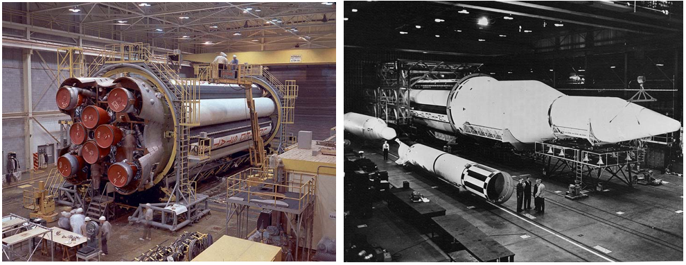 Left: Engineers check out the first Saturn C-I booster at NASA’s Marshall Space Flight Center in Huntsville, Alabama, in January 1961. Right: Horizontal mating of the first Saturn C-I rocket’s three stages at Marshall in February 1961. Credits: NASA