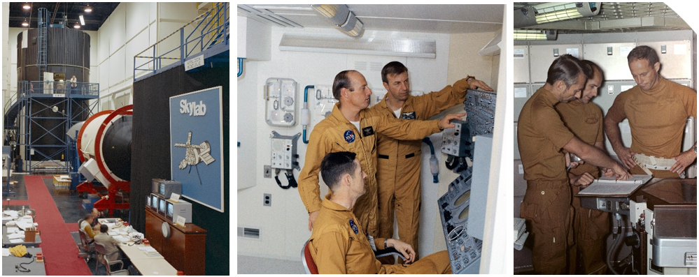 Left: Training mock-ups of the Skylab space station’s components, including the Orbital Workshop, background, and the Multiple Docking Adapter, foreground, in November 1972. Middle: The Skylab-2 crew of Joseph P. Kerwin, left, Charles “Pete” Conrad, and Paul J. Weitz training in the Skylab Apollo Telescope Mount simulator in January 1972. Right: Skylab-3 astronauts Owen K. Garriott, left, Alan L. Bean, and Jack R. Lousma at the wardroom in the Skylab Orbital Workshop trainer in July 1973. Credits: NASA