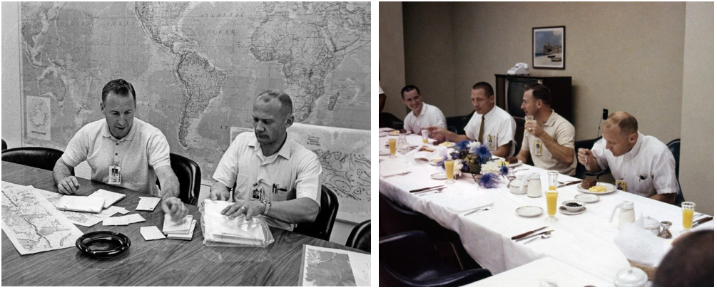 Left: Gemini XII astronauts James A. Lovell, left, and Edwin E. “Buzz” Aldrin review flight documents two days before launch. Right: Support astronauts Edward G. Gibson, left, and John L. “Jack” Swigert join Gemini XII astronauts Lovell and Aldrin for the traditional pre-launch breakfast. Credits: NASA