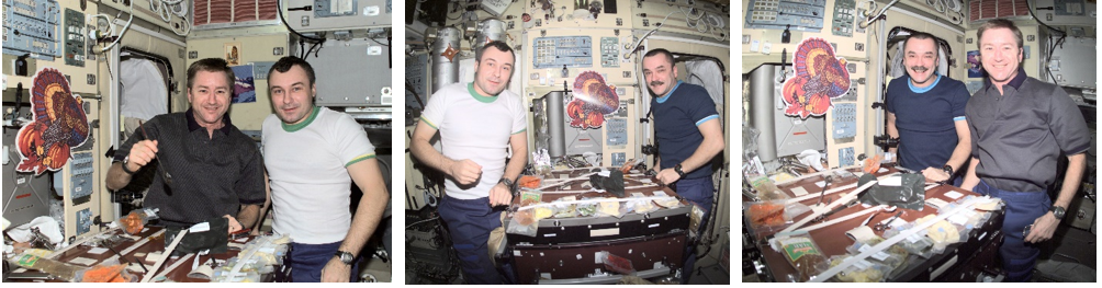 Thanksgiving 2001, Expedition 3 crew members enjoying Thanksgiving dinner aboard the space station. Left: NASA astronaut Frank L. Culbertson, left, and Vladimir N. Dezhurov of Roscosmos. Middle: Dezhurov, left, and Mikhail V. Tyurin of Roscosmos. Right: Tyurin, left, and Culbertson. Credits: NASA