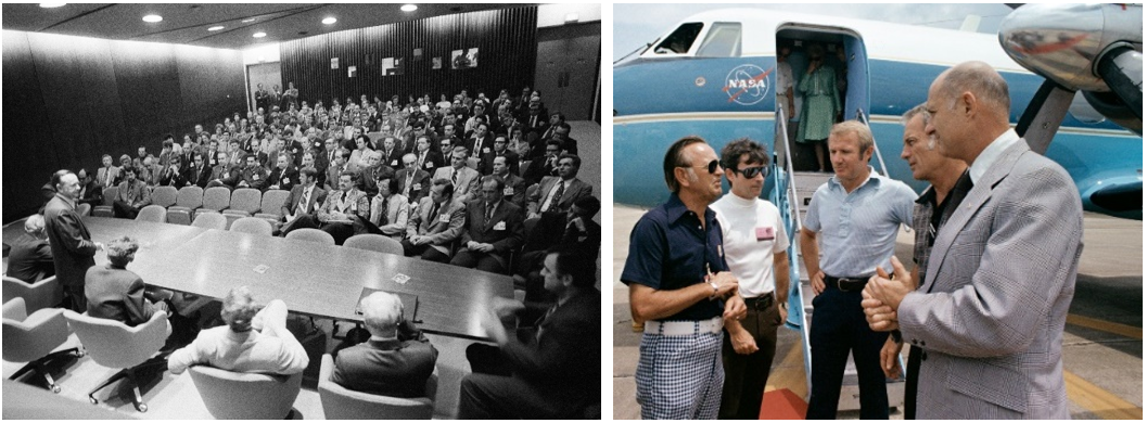Left: In February 1975, Christopher C. Kraft, director of Johnson, stands at left and addresses American and Soviet engineers during a joint meeting in preparation for the Apollo-Soyuz Test Project (ASTP). Right: Kraft, left, and astronaut John W. Young welcome home the American ASTP crew of Vance D. Brand, Donald K. “Deke” Slayton, and Thomas P. Stafford at Ellington Air Force Base in August 1975. Credits: NASA