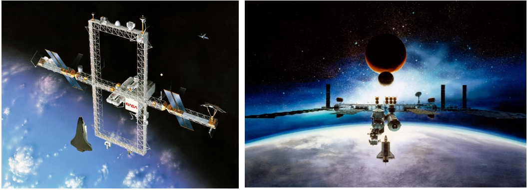 Left: An illustration from 1987 of the proposed dual-keel space station configuration. Right: An illustration of space station Freedom from September 1991. Credits: NASA