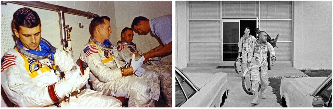 Left: Apollo 1 crew of Roger B. Chaffee, left, Edward H. White, and Virgil I. “Gus” Grissom suit up in the Flight Crew Training Building. Credits: NASA. Right: Grissom, front, White, and Chaffee, still inside, leave the Flight Crew Training Building on their way to Launch Complex 34 to meet with the media. Credits: Courtesy Armando Oliu