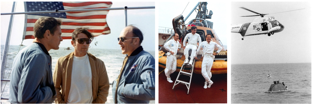 Left: Apollo 16 astronauts Charles M. Duke, left, John W. Young, and Thomas K. Mattingly aboard the Motorized Vessel Retriever prior to water-egress training. Middle: Mattingly, left, Young, and Duke pose in front of the boilerplate Apollo spacecraft prior to the water-egress training. Right: The Apollo 16 crew during water-egress training in the Gulf of Mexico. Credits: NASA