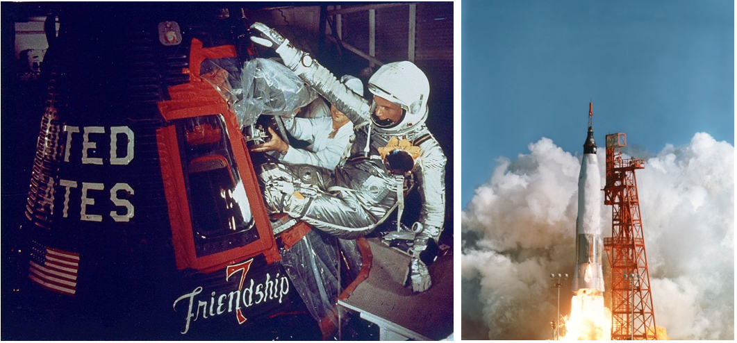 Left: At Launch Pad 14, astronaut John H. Glenn squeezes into the Friendship 7 capsule. Right: Liftoff of Friendship 7 with Glenn aboard atop an Atlas rocket from Launch Complex 14 at Cape Canaveral Air Force Station in Florida. Credits: NASA