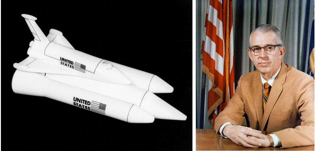 Left: A model from 1972 of the space shuttle showing the two side-mounted solid rocket boosters. Right: NASA Administrator James C. Fletcher. Credits: NASA