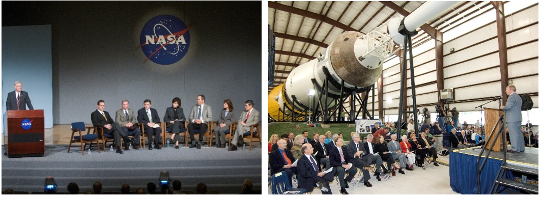 Left: In April 2007, director of NASA’s Johnson Space Center Michael L. Coats addresses employees following the on-site shooting incident. Right: Coats, seated third from left, listens to a speaker during the dedication of the Saturn V facility at Johnson’s Rocket Park in July 2007. Credits: NASA