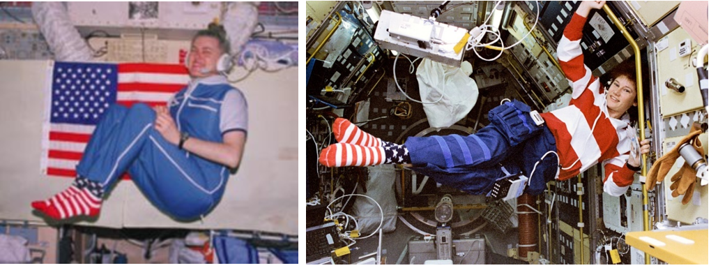 July 4, 1996. Left: Shannon W. Lucid aboard the Russian space station Mir. Right: Susan J. Helms in the Spacelab module during the STS-78 mission. Credits: NASA