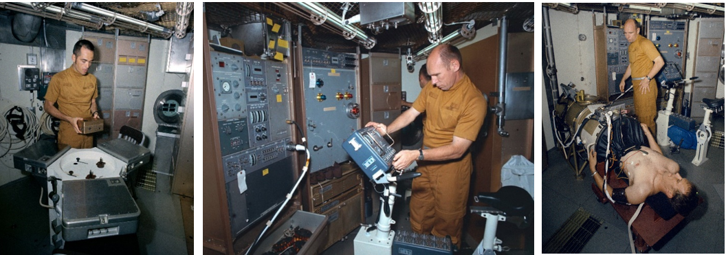 Left: Robert L. Crippen trains on the wardroom table. Middle: Dr. William E. Thornton trains on the bicycle ergometer’s control panel. Right: Thornton monitors Karol J. “Bo” Bobko during a training session with the Lower Body Negative Pressure Device. Credits: NASA