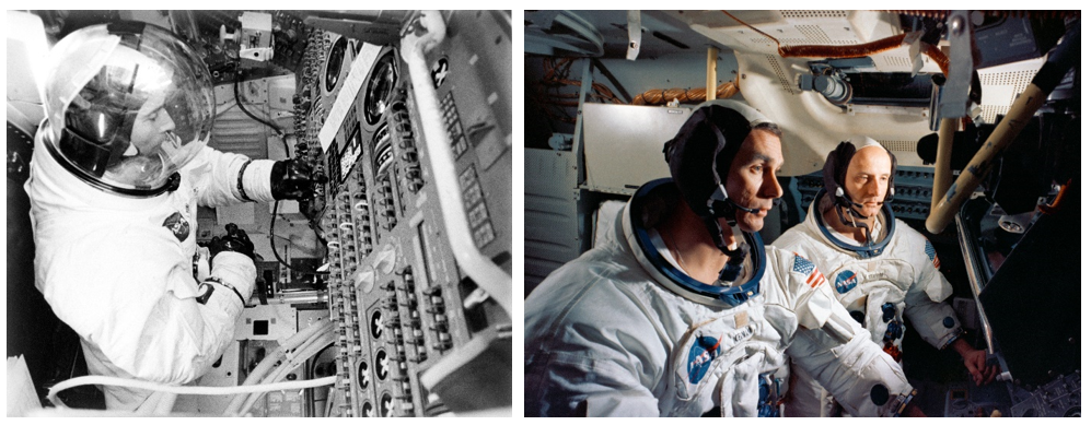 Left: Young in the Command Module flight simulator. Right: Cernan (left) and Stafford in the Lunar Module flight simulator