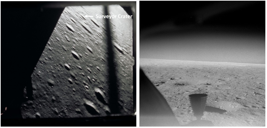 Left: Still from 16 mm film looking out from Bean’s LM window at about 3,500 feet altitude during the descent, showing location of Surveyor crater, the Apollo 12 landing site. Right: First photograph taken from the lunar surface by Apollo 12, showing one of the LM thrusters out Conrad’s window.