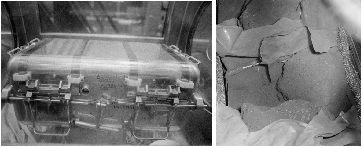 Left: The first Apollo 12 SRC inside the glovebox at the LRL. Right: Scientists get the first glimpse of the Moon rocks after opening the first Apollo 12 SRC.