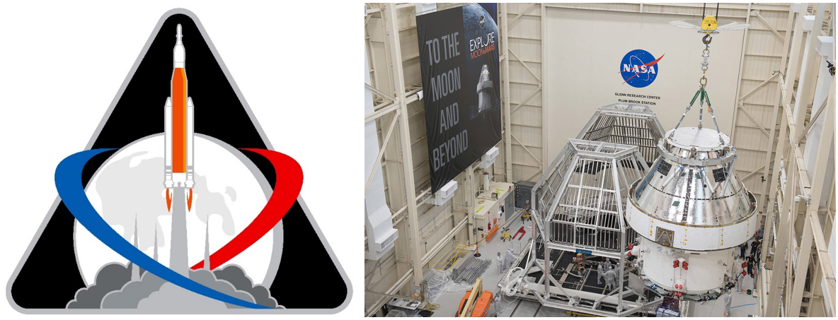 Left: Artemis program patch. Right: Completed Artemis 1 spacecraft about to undergo vacuum chamber testing at Plum Brook Station. Image Credits: NASA