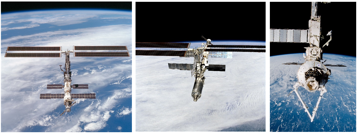 Space station as seen in late 2000 and early 2001. Left: The addition of the Z1 and P6 truss segments and the first set of USOS solar arrays for communications and power generation. Middle: The addition of the U.S. Destiny laboratory module. Right: The addition of the Canadarm2 SSRMS robotic arm. Image Credits: NASA