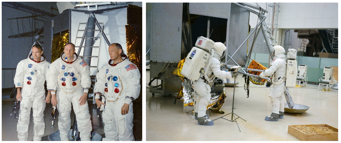 Left: The Apollo 11 crew (left to right) of Collins, Armstrong and Aldrin pose in front of the LM mock-up at Kennedy. Right: Armstrong (left) and Aldrin practice their lunar spacewalk at Kennedy on June 18. Image Credits: NASA