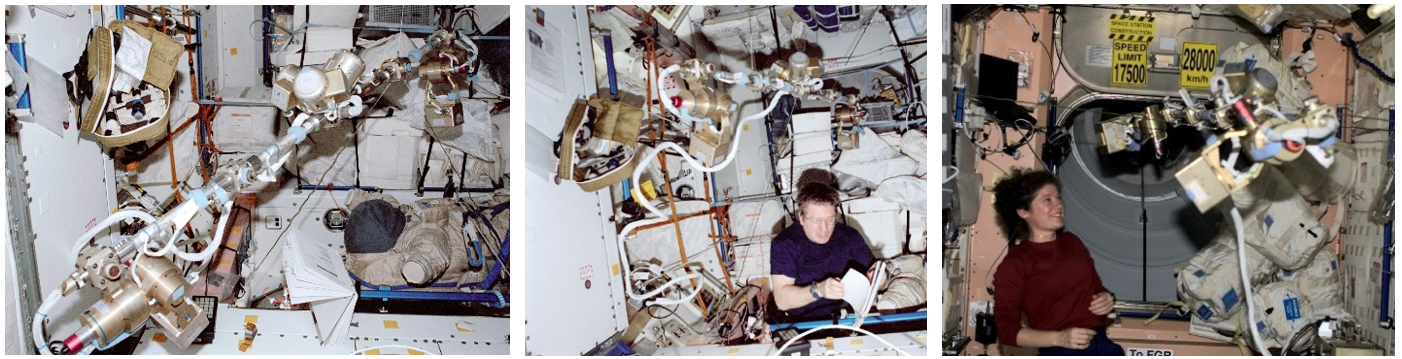 Left: MACE-II experiment floats in the Unity Node 1 module. Middle: Bill Shepherd operates MACE-II in Unity during Expedition 1. Right: Susan Helms operates MACE-II during Expedition 2. Credits: NASA