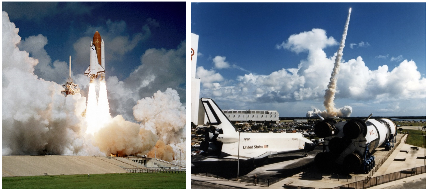 Left: Launch of Atlantis on the STS-51J mission. Right: View of Atlantis during the ascent, with Space Shuttle Enterprise and a Saturn V rocket on display near the VAB. Credits: NASA