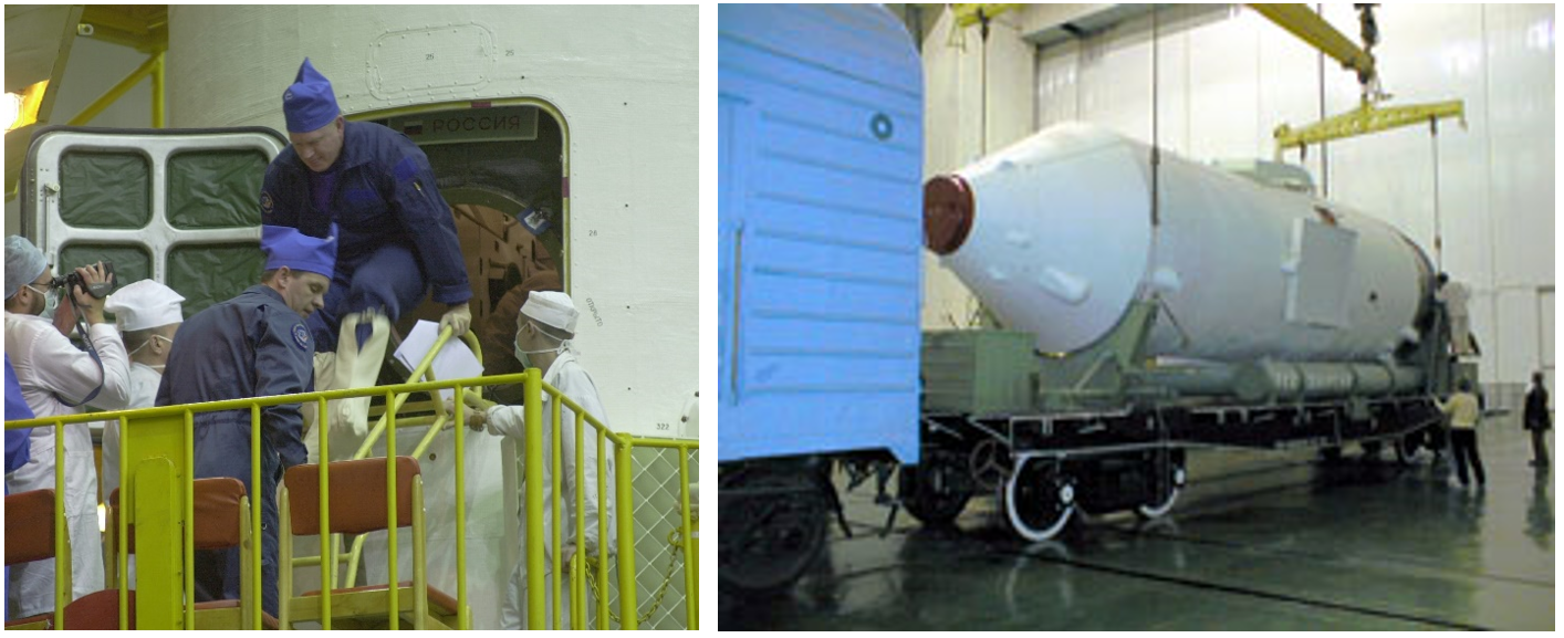 Left: Expedition 1 Commander Shepherd exits the Soyuz TM31 spacecraft following the completion of the final preflight check. Right: Workers prepare to transfer the Soyuz TM31 spacecraft in its payload shroud to the Rocket Assembly and Test Facility. Credits: NASA/Bill Ingalls