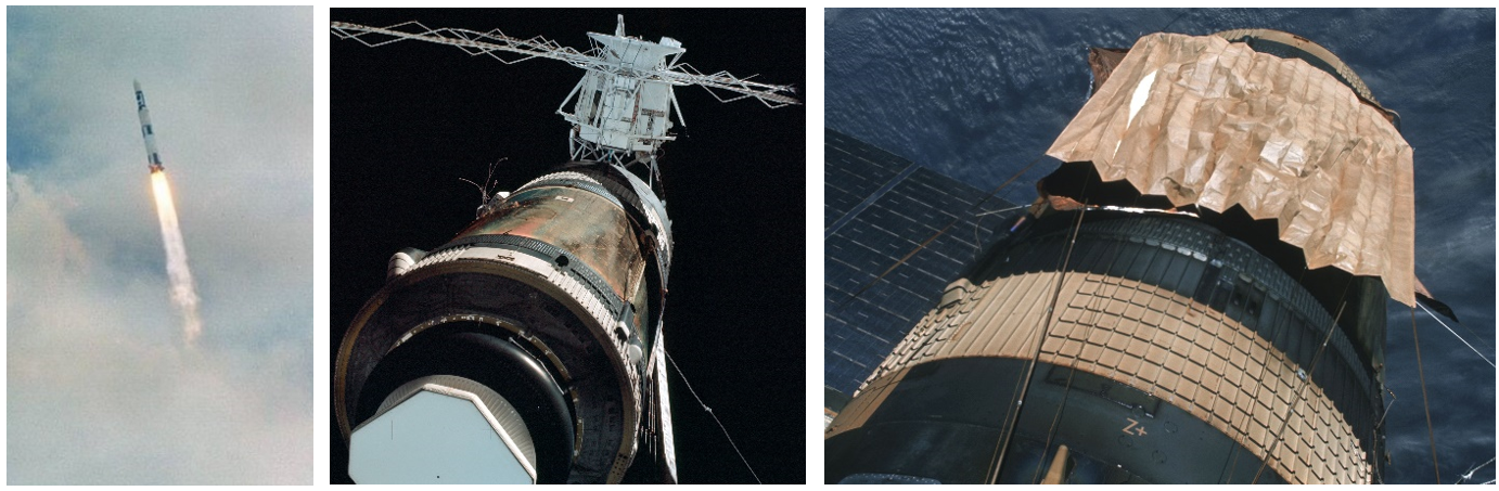 Left: The Skylab space station during ascent on its Saturn V rocket just a few seconds before the micrometeoroid and thermal shield tore off. Middle: View of Skylab as seen by the Skylab-2 crew during the pre-docking fly-around inspection, showing the exposed skin of the workshop, the jammed solar array at lower right, and severed cables at upper left where the second solar array was torn off. Right:  View of Skylab showing the second sunshade placed over the first one to protect the workshop. Credits: NASA