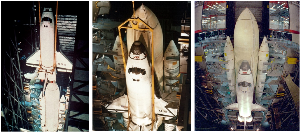 Left: In High Bay 3 of the VAB at Kennedy, workers lower Columbia to mate it with its external tank and SRBs. Middle: With the crane still attached, workers finish mating Columbia to its stack. Right: Columbia mated with its external tank and SRBs, standing on its Mobile Launch Platform. Credits: NASA