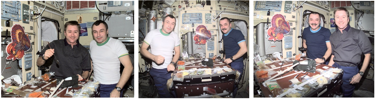 Thanksgiving 2001. Left: From left, Expedition 3 crew members Frank L. Culbertson and Vladimir N. Dezhurov enjoy Thanksgiving dinner. Middle: Dezhurov, left, and fellow Expedition 3 cosmonaut Mikhail V. Tyurin enjoying Thanksgiving. Right: Tyurin, left, and Culbertson enjoy Thanksgiving dinner. Credits: NASA