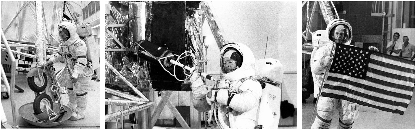 Training for the first Apollo 14 lunar excursion. Left: Shepard trains to unfold the MET. Middle: Apollo 14 Lunar Module Pilot Mitchell practices removing the nuclear element from the Lunar Module before placing it into the radioactive thermal generator used to power the surface experiments package. Right:  Shepard practices planting the American flag. Credits: NASA