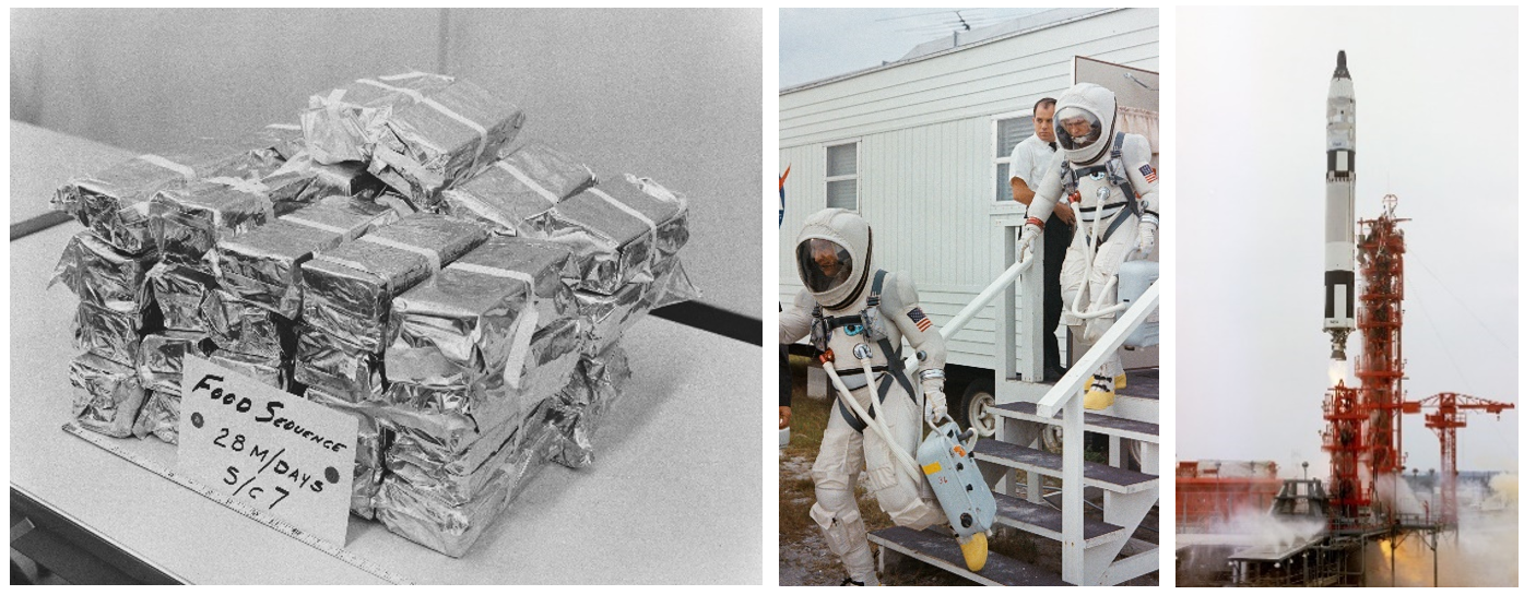 Left: The 14-day food supply for the Gemini VII mission. Middle: Gemini VII astronauts Lovell, left, and Borman, wearing their lightweight spacesuits, exit the suit-up trailer on their way to Launch Pad 19.  Right: The launch of Gemini VII from Launch Pad 19. Credits: NASA