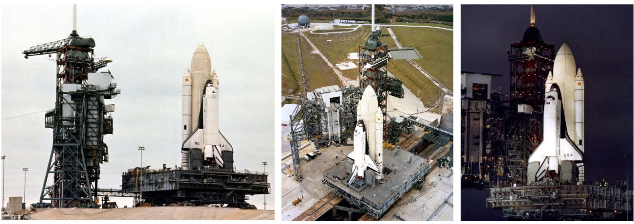 Left: Space shuttle Columbia arrives at Launch Pad 39A. Middle: Columbia nearly in position at Launch Pad 39A. Columbia in place on Launch Pad 39A. Credits: NASA