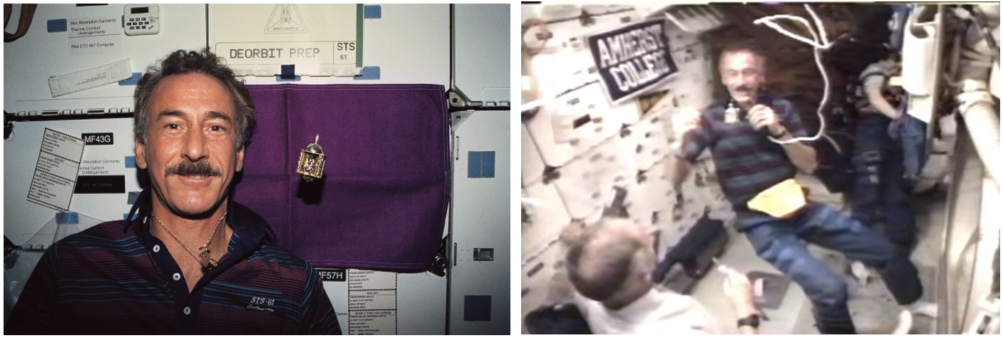 Left: STS-61 mission specialist Jeffrey Hoffman with a dreidel during Hanukkah in 1993. Right: Video of Hoffman describing how he celebrated Hanukkah aboard space shuttle Endeavour. Credits: NASA