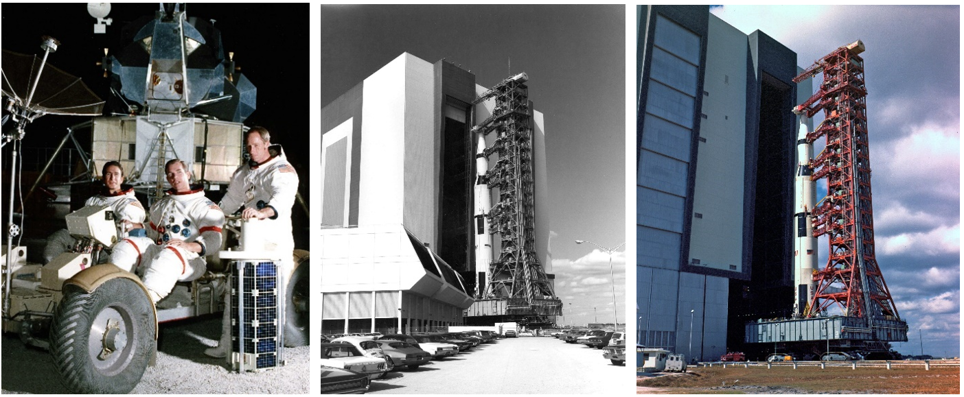 Left: Apollo 15 astronauts James B. Irwin, left, David R. Scott, and Alfred M. Worden pose with the Lunar Roving Vehicle, a mockup of a Lunar Module, and a Particle and Fields Subsatellite. Middle: The Apollo 15 Saturn V in front of the Vehicle Assembly Building (VAB) during the rollover from High Bay 1 to High Bay 3, here seen backing out of High Bay 1. Right: The Apollo 15 Saturn V re-entering the VAB into High Bay 3. Credits: NASA