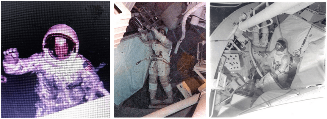 Left: Sevastyanov enters the water at the Neutral Buoyancy Simulator at Marshall. Middle: Sevastyanov during the underwater run in the NBS. Right: Sevastyanov, left, and Schweickart during the simulation in the NBS. Credits: NASA