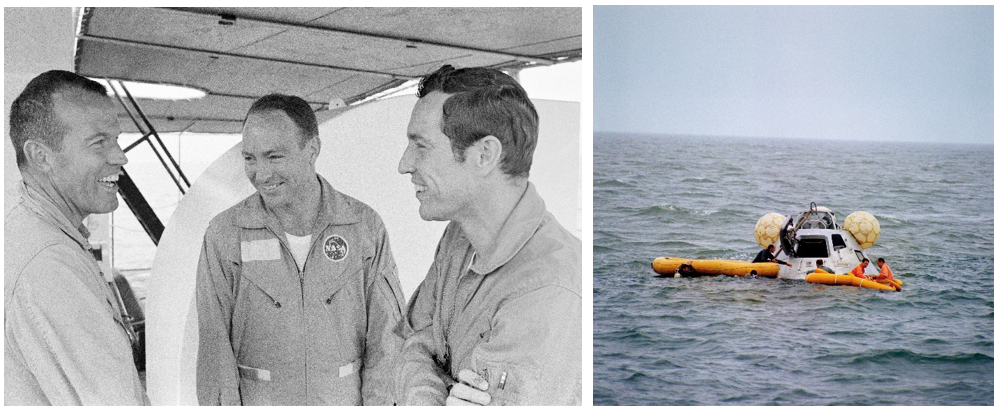 Left: The Apollo 10 backup crew (left to right) L. Gordon Cooper, Edgar Mitchell and Donn Eisele prepare for water egress training. Right: The Apollo 10 backup crew in the life raft