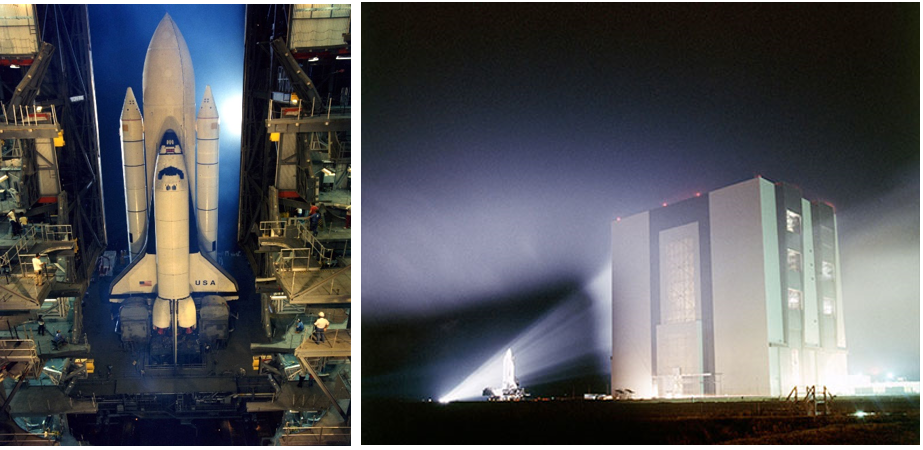 Left: Space Shuttle Columbia prepares to leave the VAB at Kennedy for its rollout to Launch Pad 39A. Right: Columbia, lit by floodlights, leaves the VAB to begin its seven-hour trek to Launch Pad 39A. Credits: NASA