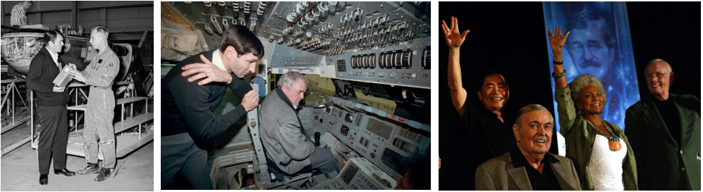 Left: James Doohan visits the Dryden Flight Research Center in California, now NASA’s Armstrong Flight Research Center, in 1967 with NASA pilot Bruce A. Peterson, in front of the M2-F2 lifting body aircraft. Middle: In 1991, Doohan sits in the commander’s seat of the space shuttle simulator at NASA’s Johnson Space Center in Houston, assisted by NASA astronaut Mario Runco. Credits: NASA. Right: Doohan, second from left, with fellow Star Trek stars George Takei, left, Nichelle Nichols, and Apollo 11 astronaut Neil A. Armstrong. Credits: Anne Cusack/Los Angeles Times.