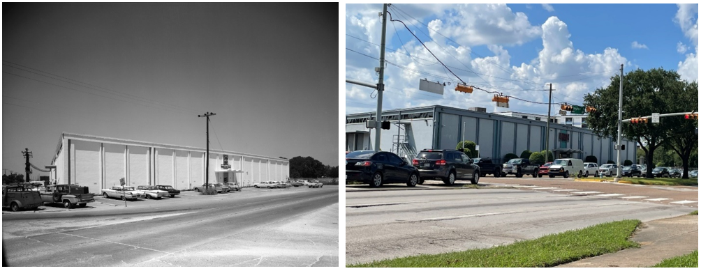 Left: The Rich Building (Site 3) at 6040 Telephone Road housed the Flight Systems Division of the Manned Spacecraft Center. Right: The same building in 2021, home to the Ambox Corporation.